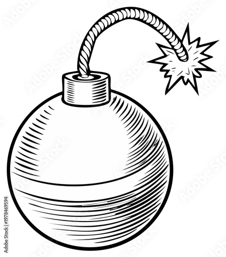 Classic cartoon bomb with burning fuse and starburst explosion illustration