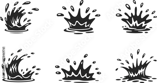 Black water splash collection set, liquid drop silhouettes and wave crown icons for creative oceanic design
