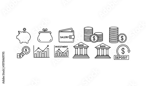 Money and savings outline icons set with piggy bank wallet salary and finance symbols vector