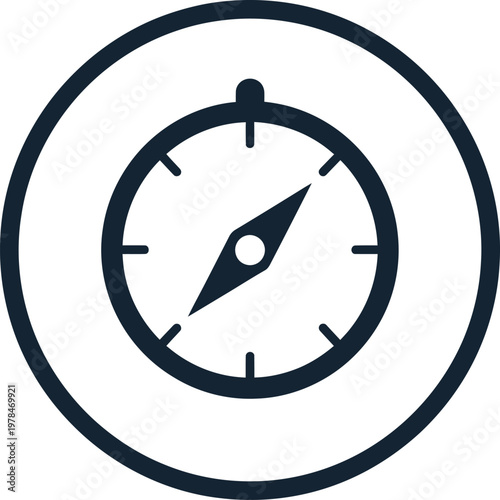 A simple, dark blue compass icon with a needle pointing north, enclosed within a circular border on a white background, representing direction and navigation.