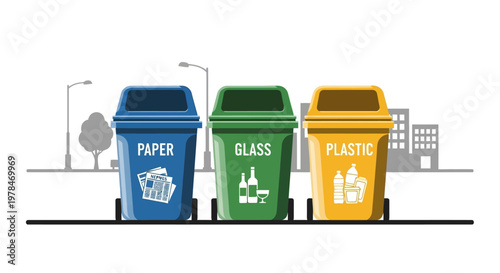 Recycling bins for paper glass plastic.