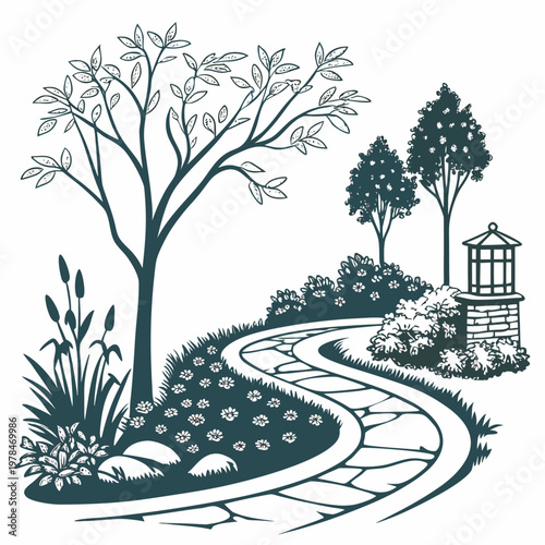 Charming hand-drawn illustration of a winding stone pathway through a garden a mature deciduous tree lush bushes flowering plants a small decorative structure or gazebo with a small architectural