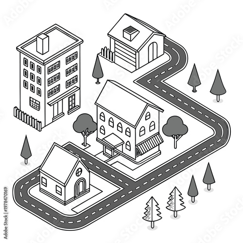 Isometric neighborhood city layout line art illustration with isometric neighborhood buildings suburban architecture planning illustration development residential infrastructure landscape
