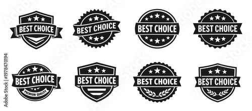 Best choice badges icon collection in black. Contains recommendation labels, stars, and selection marks. Perfect for e commerce and promotional materials