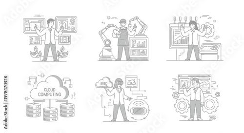 Business people icons, office workflow illustrations, professional teamwork graphics, 6 line drawings