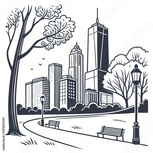 Monochrome city park with winding path benches tall buildings skyline illustration trees and streetlights are visible in urban landscape street light black white city life green space
