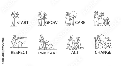 Eco friendly icons, sustainable living symbols, environmental care illustrations, green lifestyle vector set