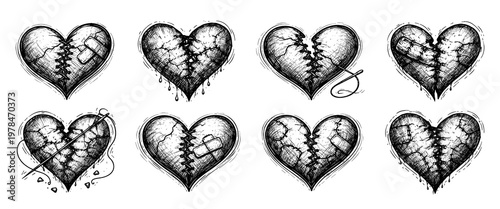 Healing heart sketch icons set. Collection of stitched repaired hearts with bandage needle and thread elements