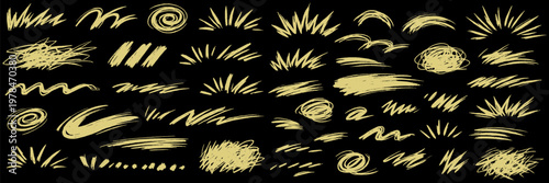 Golden sketch strokes collection. Set of decorative hand drawn lines bursts swirls and abstract highlight elements