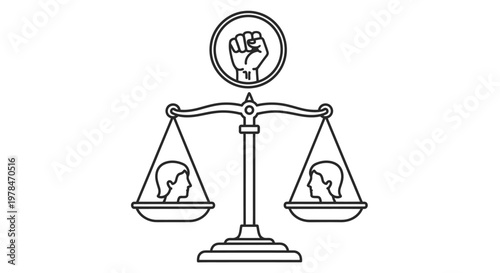 A symbolic illustration depicts the scales of justice balancing a raised fist against human profiles