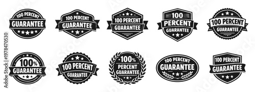 One hundred percent guarantee badges icon collection in black. Includes assurance symbols, stars, and trust labels. Ideal for customer confidence and sales