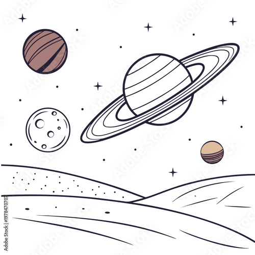 Hand drawn outer space doodle illustration with saturn ringed planet moon and stars in the night cosmos universe astronomy illustration whimsical celestial exploration adventure education