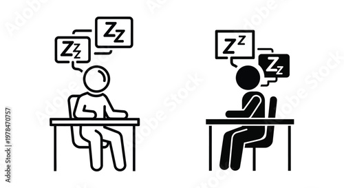 Black and white illustration depicting people at desks with zzz symbols indicating sleepiness