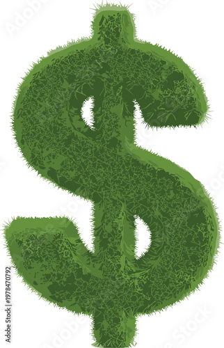 Green dollar sign symbol made of grass texture on white background money finance