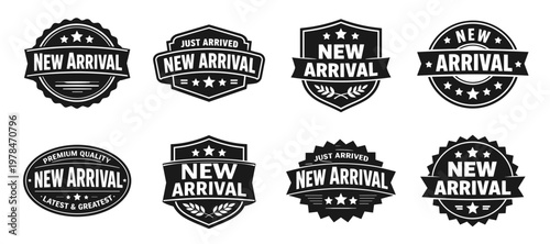 New arrival badge collection in black. Set of promotional labels with stars ribbons and retail announcement style