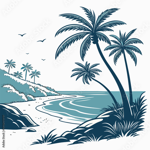 Blue tone tropical beach illustration with palm trees landscape tropical vacation illustration seascape paradise shoreline coastline beachfront