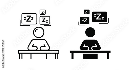 A person sits at a desk with thought bubbles containing the letter z above their head shown in two variations
