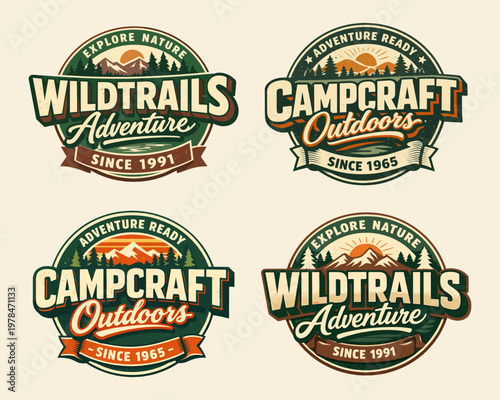 Outdoor adventure badge set. Collection of retro styled camping and nature labels with mountains forest and travel elements
