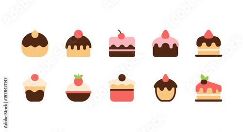 A colorful illustration of various desserts, including cupcakes and cakes, displayed on a white background.
