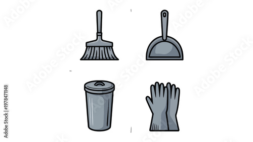Cleaning Essentials: An illustrated assortment of everyday cleaning tools, perfect for maintaining a tidy and sanitary environment. Including broom, dustpan, trash bin, and gloves.
