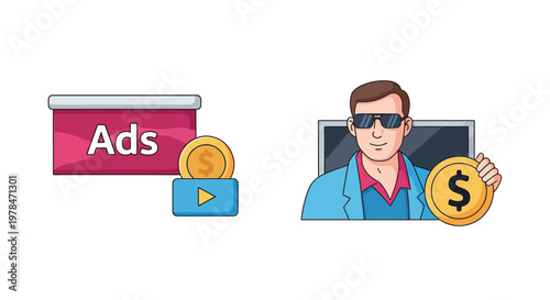 Digital advertising concept with ads banner and businessman holding money coin representing online marketing revenue