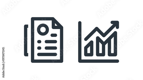 Two showing a document and a rising graph on a white background line chart upward trend