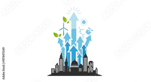 City Skyline with Growing Arrows Upward.