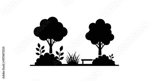 Black Silhouette Trees and Plants Landscape.