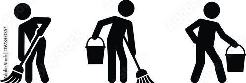 Cleaning service worker silhouette set, janitor person with broom and bucket icons for hygiene vector illustration