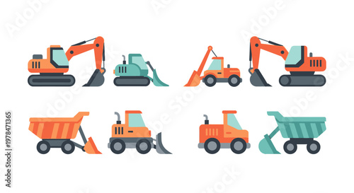 Heavy machinery vehicles are parked on a flat surface outdoors.