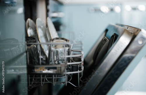 Quadro su tela Open dishwasher with clean plates and glasses inside.