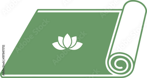 Green yoga mat with a white lotus flower symbol, partially unrolled, representing peace and wellness.