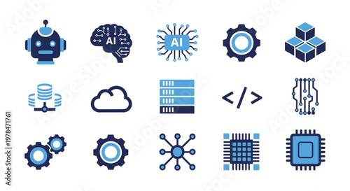 Artificial intelligence and technology icons set isolated on white background representing ai system and digital innovation concept