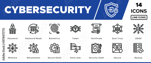 Cybersecurity line icons, 14 vector security and data protection symbols. Digital safety, information privacy, and network security concepts for web and app design.