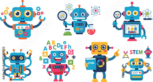 STEM Education Robot Icon Set with Science, Math, and Learning Tools for Educational, Robotics, and Technology Illustrations