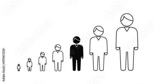 A series of minimalist human figures progressively increasing in size depicting growth or development