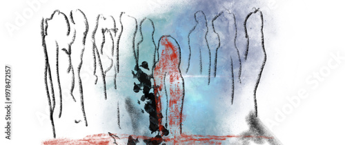 Dessin d'un homme souffrant de dépression et d'anxiété dans la foule. Maladie mentale.	Agoraphobie.
