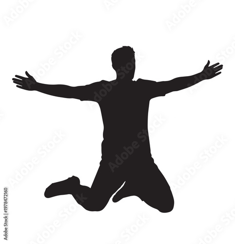 Soccer player celebrating a goal on knees with open arms, football winner silhouette vector illustration.