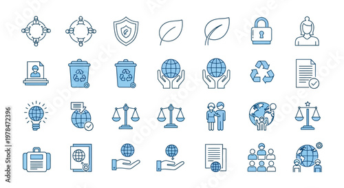 A collection of blue line icons representing sustainability ethics law and global cooperation
