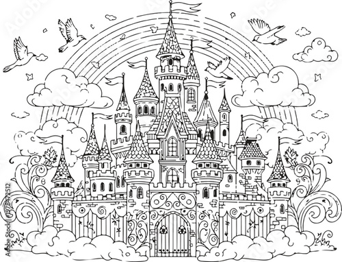 Magic fairyland castle with rainbow and birds coloring page for kids