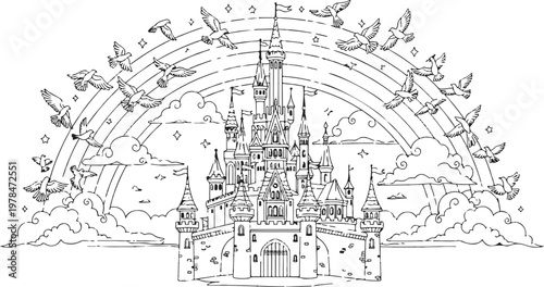 Intricate fairy tale castle line art illustration for adult coloring book