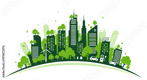 Green cityscape with ecofriendly buildings.