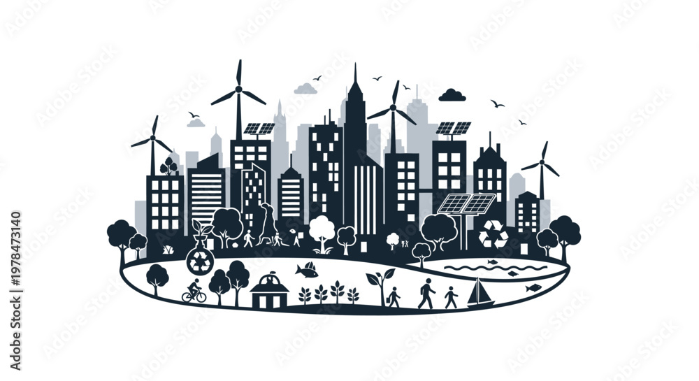 Obraz premium Cityscape with wind turbines and buildings.