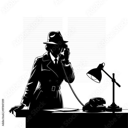Silhouette of a Mysterious Detective Answering a Phone Call.