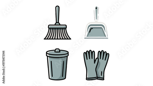 Essentials for Cleanliness: A tidy arrangement of cleaning tools, each playing a vital role in maintaining a pristine environment. The scene presents a broom, dustpan, trash bin, and pair of gloves