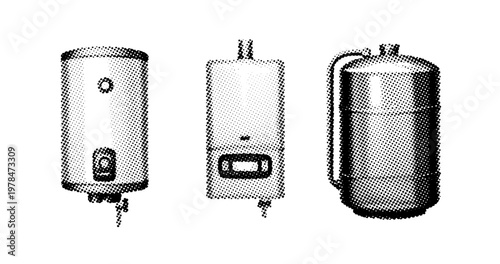 Water heaters and pressure tanks displayed upright on white background. not ideal dots