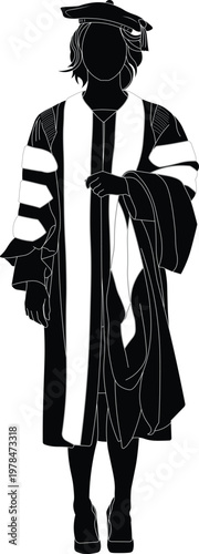 Silhouette of a woman wearing a PhD and doctorate graduation regalia front view vector illustration. Female graduate silhouette vector. 