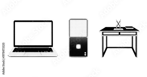 Laptop and desktop computer icons beside office desk setup. not ideal dots