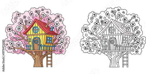 Cute treehouse in blooming cherry blossom tree coloring book page for kids with colored and line art version illustration