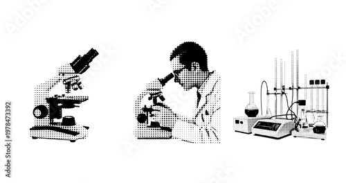 Lab researcher examining sample through microscope on laboratory bench. not ideal dots